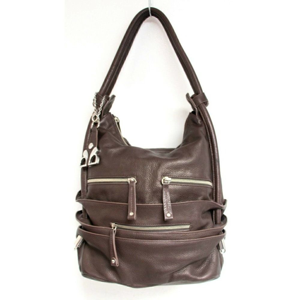 LRG Barbara Milano Italy BROWN GENUINE LEATHER ZIP POCKET SHOULDER BAG TOTE HOBO